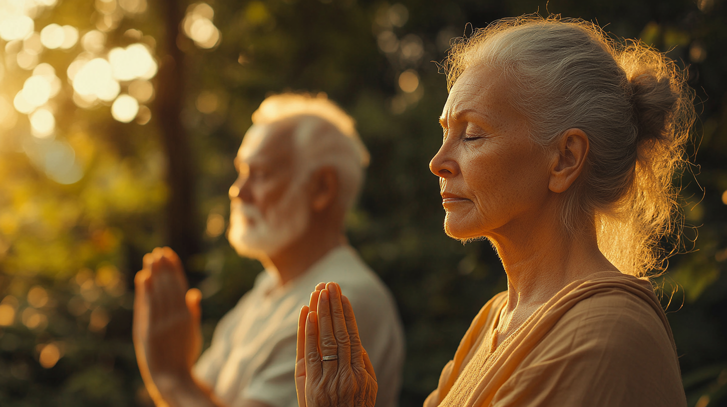 Възрастна жена практикува йога в спокойна среда