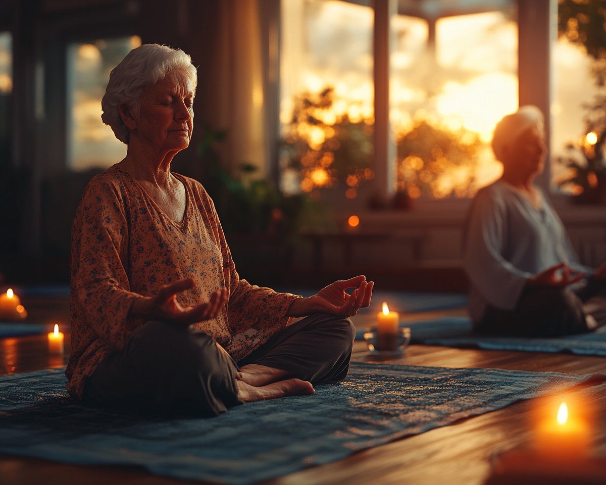 Група възрастни хора практикуват йога заедно