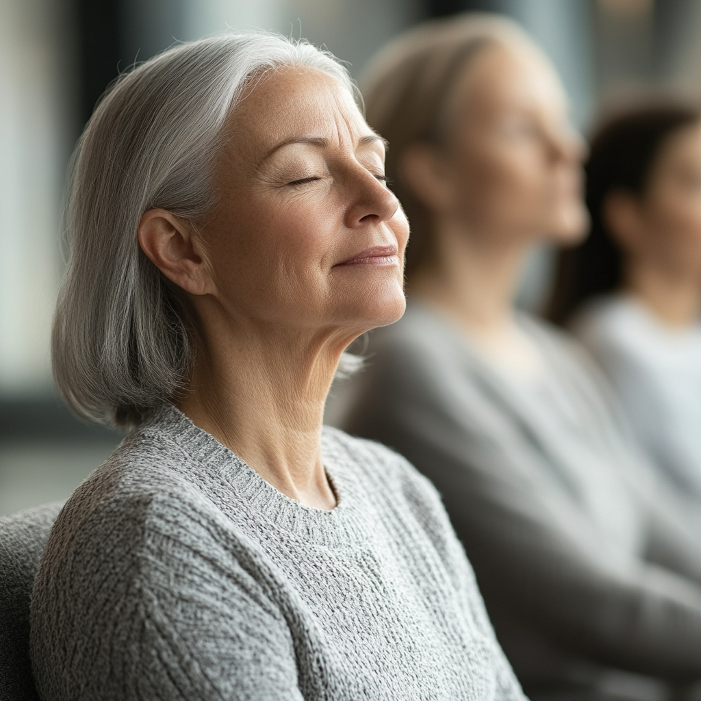 Възрастни хора медитират в група на открито